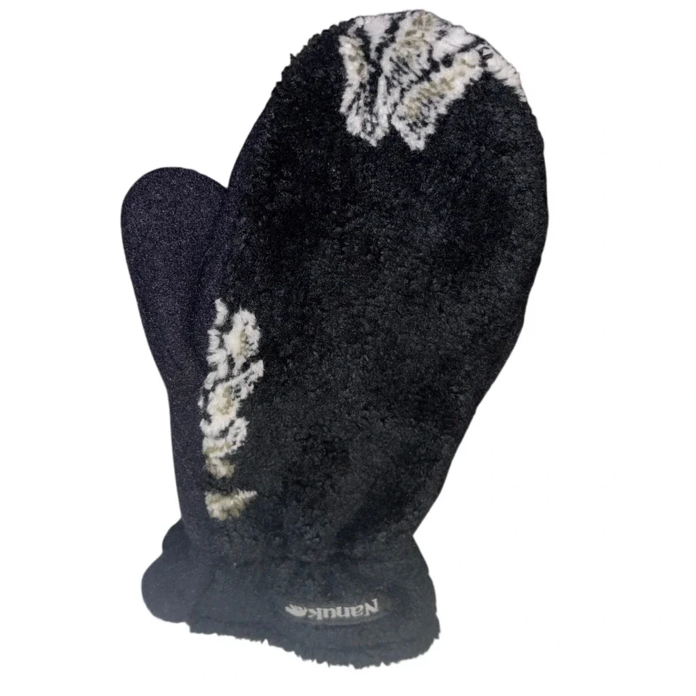 Nanuk | Medium | Black‎ Fleece Mittens | Floral Pattern Mitts | Made in Canada